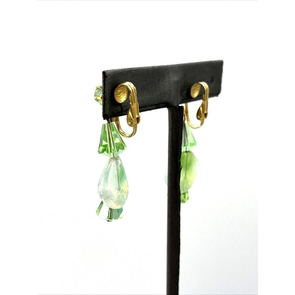Vintage Uranium Glass Earrings Green Glowy Dangle Clip-on Earrings - Picture 8 of 9